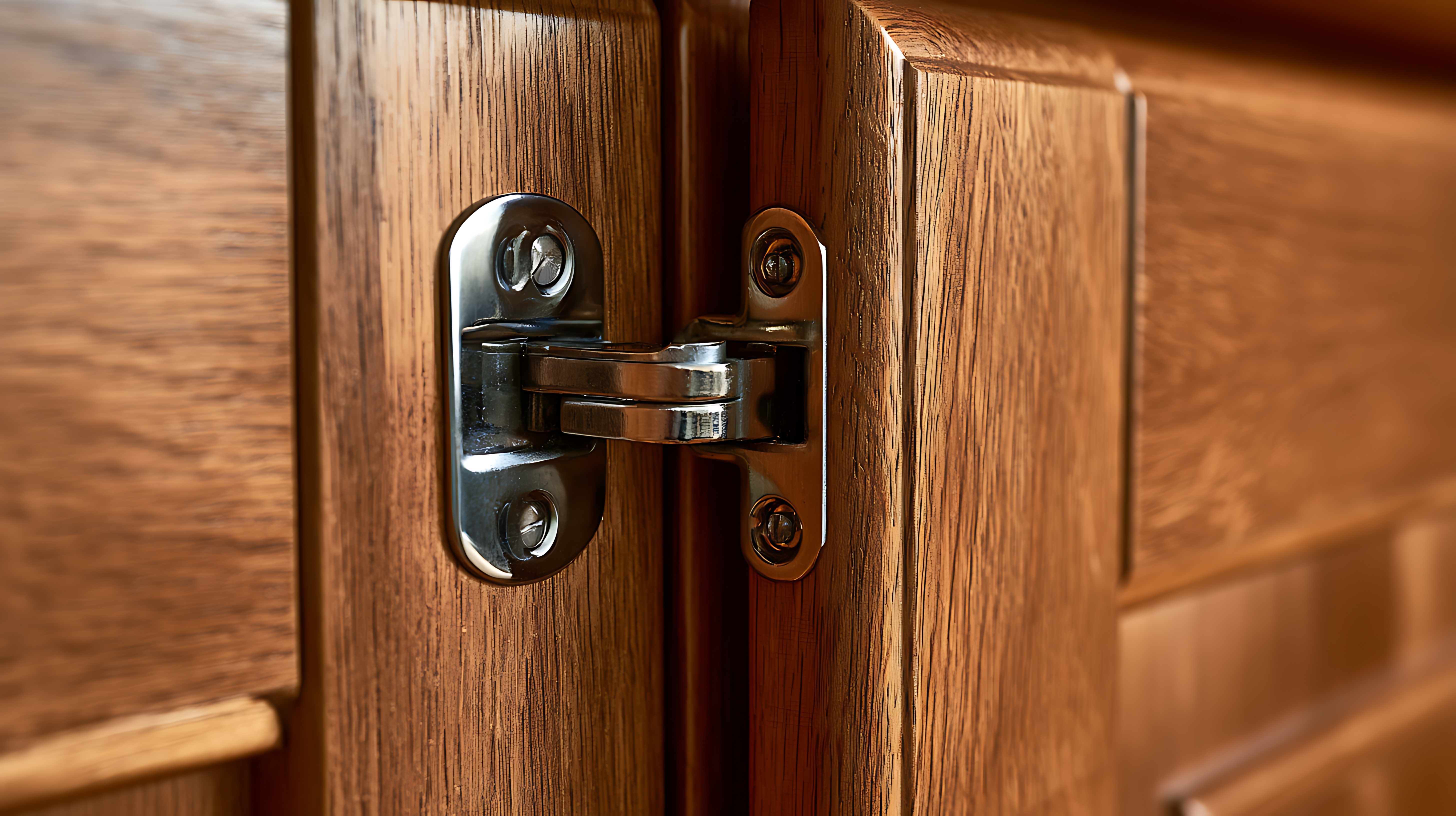 Chrome hinges on wooden cabinet doors with warm lighting