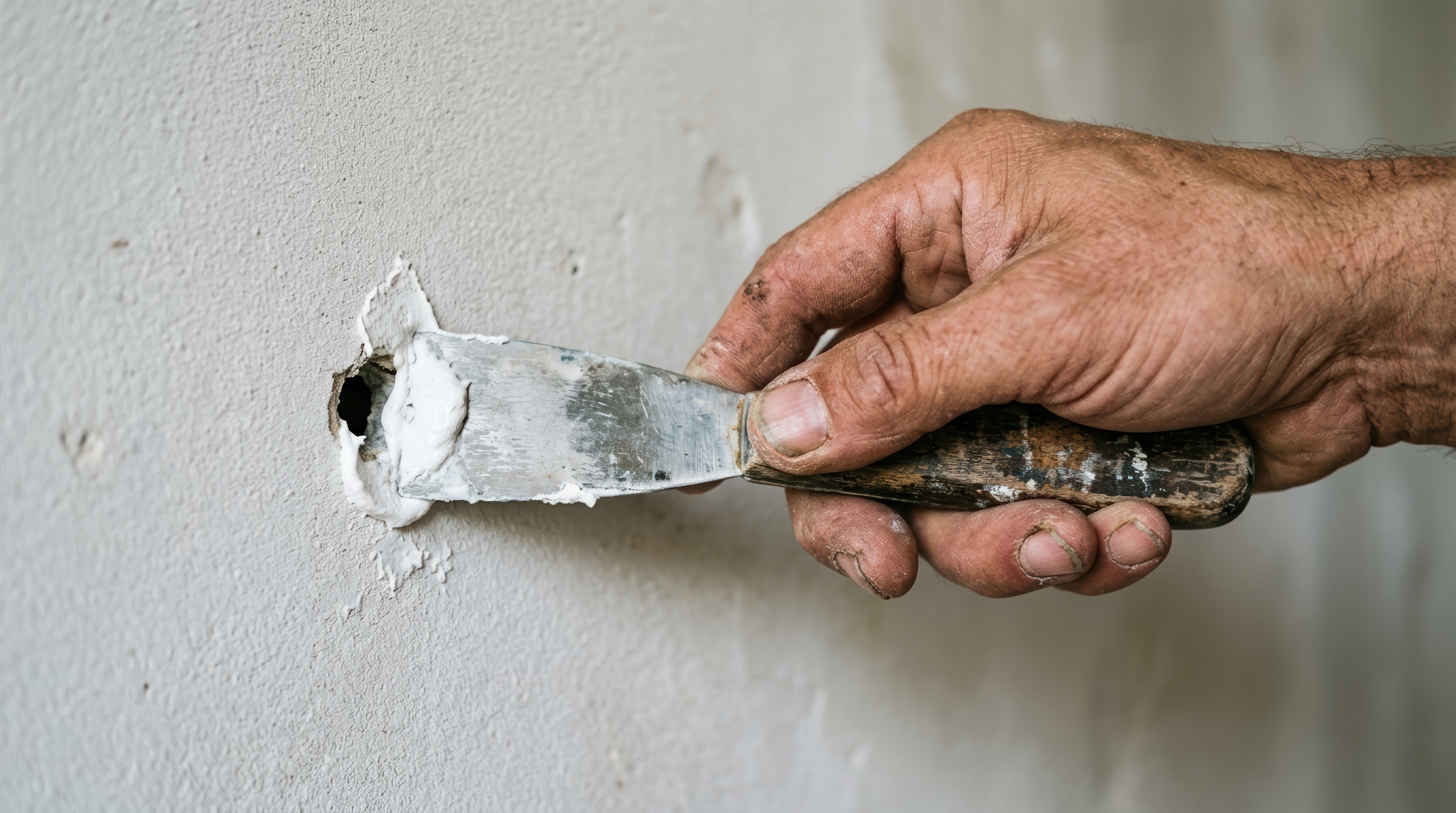 Worker applying white paint or putty to wall with brush