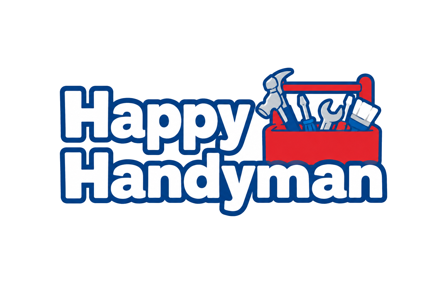 Happy Handyman logo with blue text and red toolbox containing hammer and tools